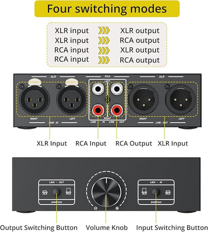 PROZOR 2-IN-2-OUT XLR Balanced/RCA Converter Audio Selector Splitter | Passive Switch Box with Volume Control