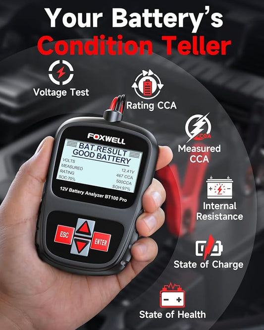 FOXWELL BT100 Pro Car Battery Tester, 12V Battery Load Tester, 100-1100CCA Automotive Alternator Tester Digital Auto Battery Analyzer for Car Truck Motorcycle SUV, Boat, RV, Marine & Pickup