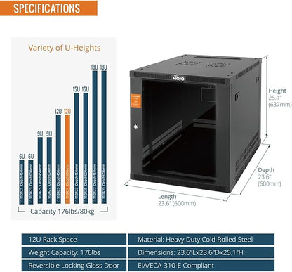 Tecmojo 12U Wall Mount Rack Cabinet, Heavy-Duty 176 Lbs High Load Capacity, 19” Enclosed Server Network Rack with Glass Door, 23.6” Deep – Elite Collection