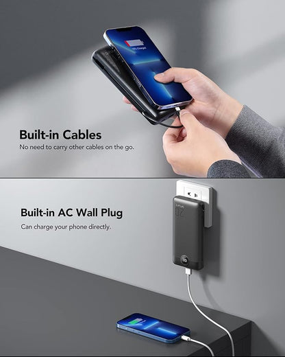 VRURC Portable Charger 20000mAh, Fast Charging Power Bank USB C,4 Output 2 Input Travel Essentials Charging Bank Equipped with LED Display,Built-in Wall Plug and Cables,Phone Charger Battery,Black