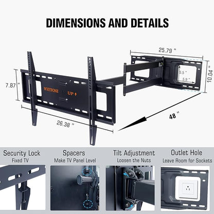 48'' Extension Extra Long Arm TV Wall Mount, Heavy Duty Full Motion TV Wall Mount for 37 to70,75,77,80,85'' Screens, Max VESA 600x400mm, Hold 110 lbs, 16''-24'' Wood Studs/Concrete/Brick Wall