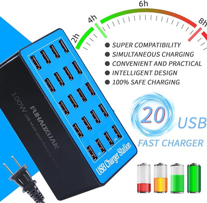 USB Charging Station,100W 20-Port Multi Device Charger with Intelligent Safety Features,Charging Station for Multiple Devices Phone,Watch,Pad,Speakers,Headphones,PS Compact for Home,Office,Travel
