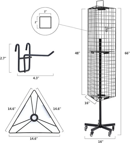 NectaCol Triangular Gridwall Panel Display Stand with Base and Pole, Black Grid Wall Panels with Wheels, Craft Gridwall Display Rack, Art Display Stand, Show Rack, Extra 12pcs Hooks