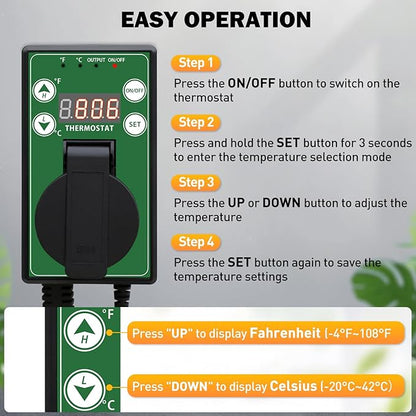 COOS BAY Digital Thermostat Controller -4 to 108°F, Temperature Control for Greenhouse Heater, Heat Mat, Grow Tent, Garage, Reptile Enclosure, Homebrew, Seedling, 15A/1500W, Green, 2 Pack