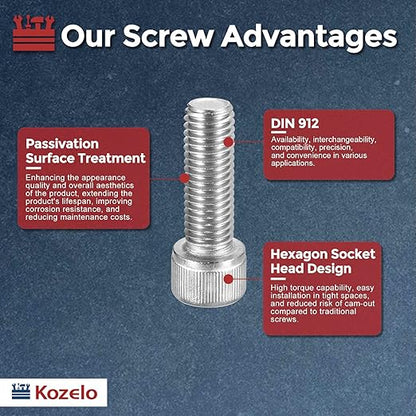 Kozelo 1pcs Socket Head Cap Screws - [M16-2 x 55mm] 304 Stainless Steel Allen Socket Drive for Electrical Motor 3D Printing Fan Engine Replacement Use, Silver