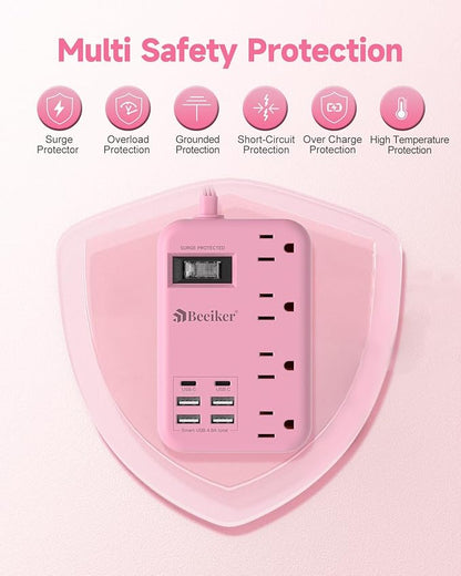 6 USB(2 USB C) Pink Extension Cord- 5Ft Travel Power Strip with 24W USB Charging Station and 4 Outlets, Pink Desk Accessories with Surge Protector for Cute Kawaii Gifts College Dorm Desk