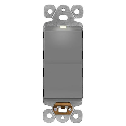 LIDER Minimalist Design Matte Finish Lighted Decorator Switch, Frameless Paddle Light Switch with Locator Light, Grounding Screw, 15A 125V, UL Listed, LS15-1P-GY, Gray