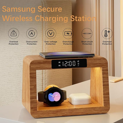 Bamboo Wireless Charging Station, 3 in 1 Charging Station with Light & Clock for Samsung & Android Phone, Wireless Phone Charger Station Only for Samsung Watch