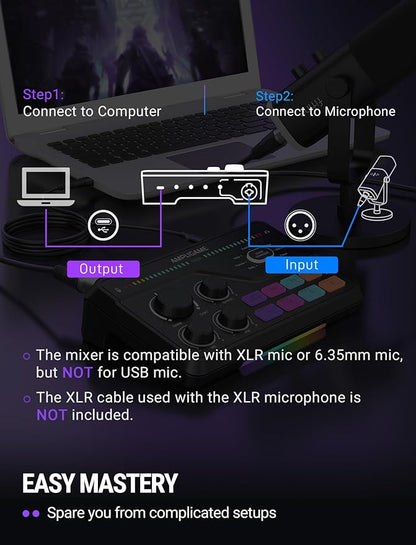 Fifine Gaming Mixer for Voice Chat and Streaming- 7.1ch Surround Sound Headphone Amp-XLR Preamp-USB Plug & Play-Voice Changer-RGB-Volume Control-3 EQ Modes Ampligame SC8