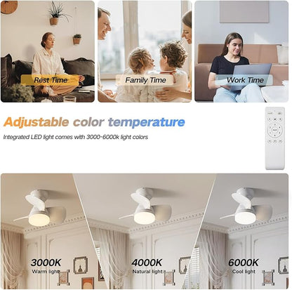 Myleoron 20 Inch Ceiling Fan with Light, 3 ABS Blades, White Small Ceiling Fan with Remote Control, Suitable for Living Room, Dining Room, Bedroom