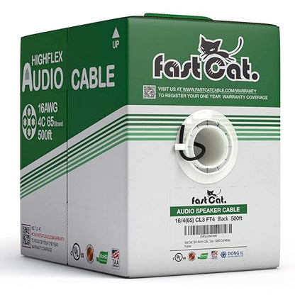 fast Cat. Speaker Wire 16 Guage 4C, UL Listed & CMR/CL3R-FT4 Rated - Speaker Cable w/PVC Jacket, 100% Oxygen-Free Pure Bare Copper - (65) HighFlex 16 Guage Wire - in-Wall Use-500ft Bulk Cable, Black