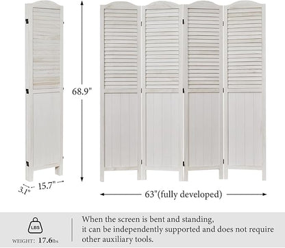 Room Dividers, 5.75Ft Individual Privacy Screens Foldable Wooden Louver & MDF Stable Wall Divider for Home Office Bedroom, 4 Panels (White-Washed)
