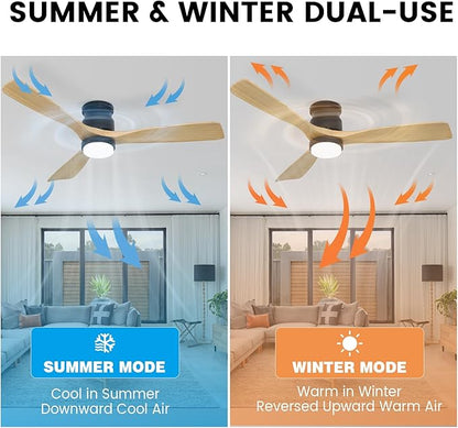 revoici Flush Mount Ceiling Fan with Light Remote, 52inch Natural Wood Ceiling Fans, 6 Speeds Reversible DC Motor 3CCT LED Lighting, Indoor Outdoor Fan Farmhouse Bedroom Living Room