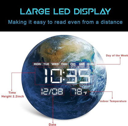 HOMLOVE Digital Wall Clock with Large LED Display, Earth Modern Electric Wall Clock [Plug-in] for All Room, Home, Office, (Earth, 12.59 INCH)