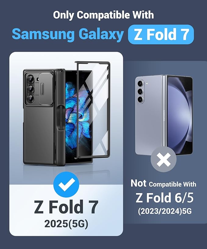 BERFY for Z Fold 7 Case with 9H Tempered Screen Protector, Military Grade Hidden Kickstand & Slide Camera Cover, Full Body Shockproof Slim Hard Phone Case for Samsung Galaxy Z Fold 7, Black