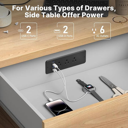 CCCEI 6 Outlets Dual Side Recessed Power Strip with USB C Ports, Furniture Flush Mount, Under Desk, Desk Top Multiple Outlets, Hidden Charging Station for Conference Table, Nightstand, Black. 6FT.