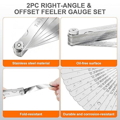 Tokyzexi 2Pcs Stainless Steel Feeler Gauge Set,32 Straight Blades Feeler Gauge&16 Pieces Angled Feeler Gauge Set, Measure Gap and Thickness for Guitar, Spark Plug, Valves Piston Measure Filler Gauge