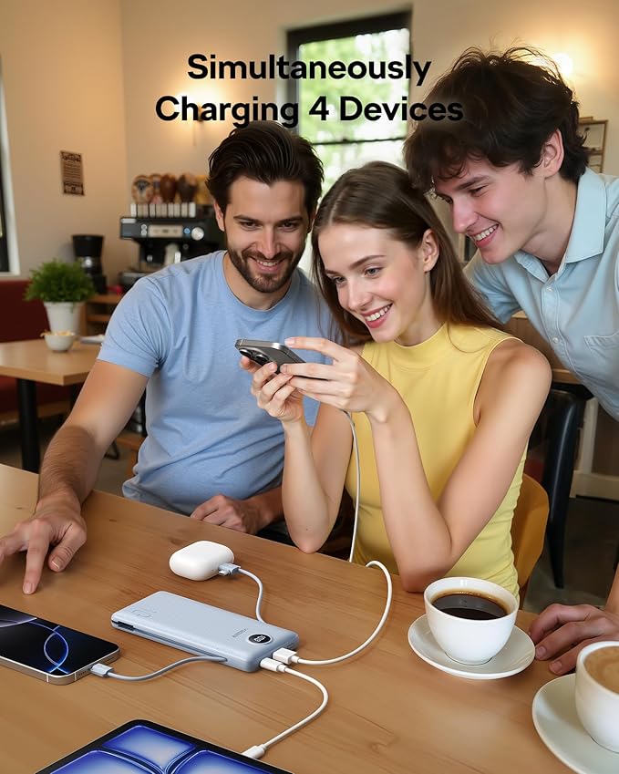 VEGER Travel Essential AC Wall Plug Portable Charger, 10000mah Slim Portable Charger Built in Cables, USB C Power Bank 15W Fast Charging, Battery Pack Compatible with iPhone, Android and More(Purple)