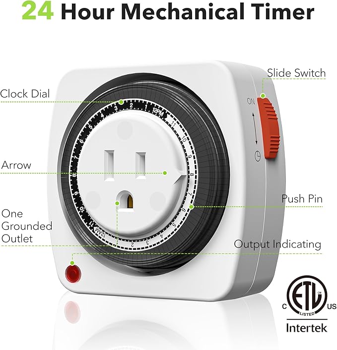 BN-LINK Outlet Timer Indoor, 24-Hour Heavy Duty Mechanical Light Timer with 15-Minute Intervals, 3 Prong Plug Outlet for Aquariums, Grow Lights, Indoor Lighting, Home Appliances, ETL Listed, 2-Pack