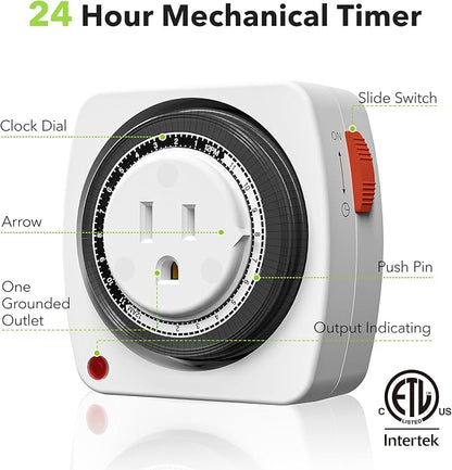 BN-LINK Outlet Timer Indoor, 24-Hour Heavy Duty Mechanical Light Timer with 15-Minute Intervals, 3 Prong Plug Outlet for Aquariums, Grow Lights, Indoor Lighting, Home Appliances, ETL Listed, 2-Pack