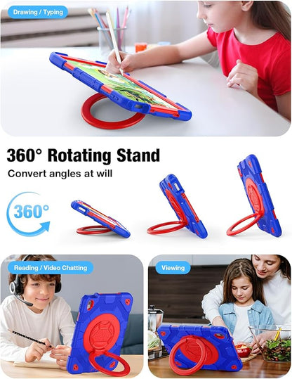 SCSVPN for iPad (A16) 11th/10th Generation Case 11 inch 2025/10.9 inch 2022, Rugged Shockproof Protective Silicone Case for Kids with Pencil Holder, Rotate Stand & Handle, Shoulder Strap - Blue/Red