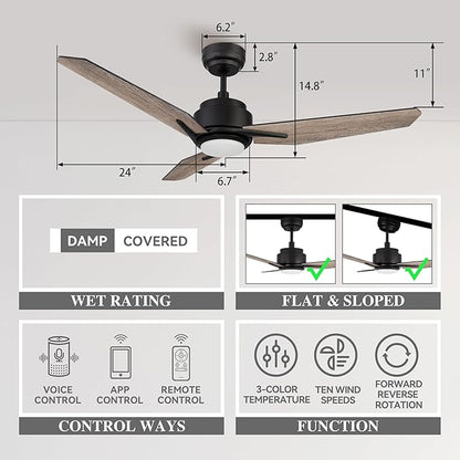 SMAAIR 48 Inch Smart Ceiling Fan with Dimmable Light Remote Control, Indoor Outdoor DC Ceiling Fan with 3 Blade for Bedroom, Living Room Works with Alexa/Google Assistant/Siri Shortcuts, Light Wooden