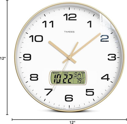 TIMESS Wall Clock, 12" Dial Non-Ticking Silent Battery Operated Analog with LCD Display for Perpetual Calendar and F° Temperature, Ideal Modern Home, Bedroom, Kitchen, Office Decor (Gold)