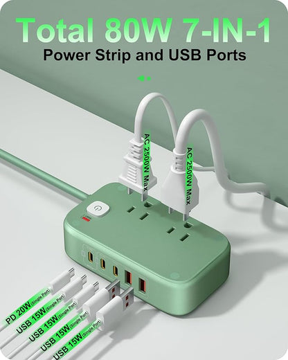 KWRNVO 5FT USB Charging Station with Outlets, Flat USB C Travel Power Strip PD 20W Charger with 2500W AC Outlets, 3 USB-C Ports, 2 USB-A Ports Extension Cord for Home/Office/Travel