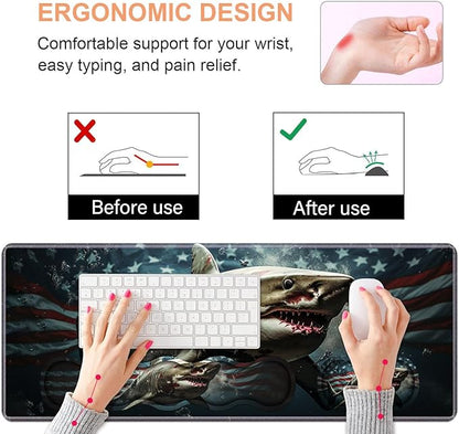 Ergonomic Keyboard Wrist Rest & Mouse Pad Wrist Rest Set, Large XXL Gaming Desk Mat 31.5"x 11.8" with Non-Slip Base, Memory Foam, Easy Typing Pain Relief for Home & Office, American Flag Shark