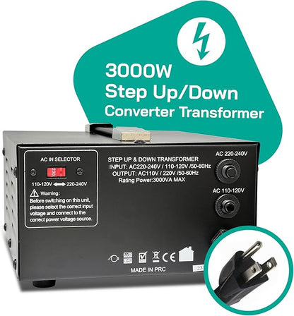 LiteFuze 3000 Watt Voltage Converter Transformer Step Up/Down - 110v to 220v / 220v to 110v Power Converter - Fully USA Grounded Cord - Universal Outlet Socket, CE Certified