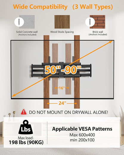 FORGING MOUNT Heavy Duty Long Arm TV Wall Mount with 43" Dual Articulating Arms for Most 50-90 inch Screen, Full Motion TV Mount Swivel Tilt Bracket Holds 198lbs, Fit 16”,18”,24” Studs VESA 600x400MM