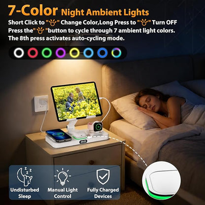 30W Charging Station for Apple Products, Foldable Wireless Charger with Clock Display&7 Color Light, Wired Charging for iPad/Tablet Charging Station for iPhone16, for Apple Watch10 for AirPods4(Cream