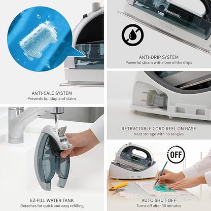 Panasonic NI-QL1100L Cordless Steam/Dry Iron, 1500W Wide Stainless Steel Plate, Silver/Light Blue