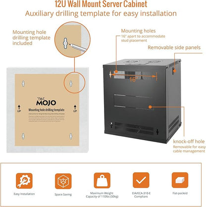 Tecmojo 12U Wall Mount Server Cabinet IT Network Rack Enclosure Lockable Door and Side Panels Black,Cooling Fan,Glass Door,17.7inch Depth,for 19” IT Equipment,A/V Devices