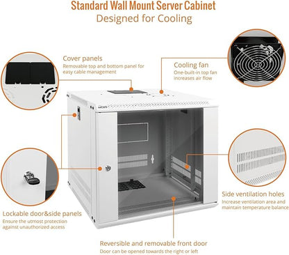Tecmojo 9U Wall Mount Rack Network Cabinet for 19" IT Equipment,with Lockable Glass Door and Side Panels,Cooling Fan,17.7inch Depth,White,Computer/Electronics Equipment Data Rack