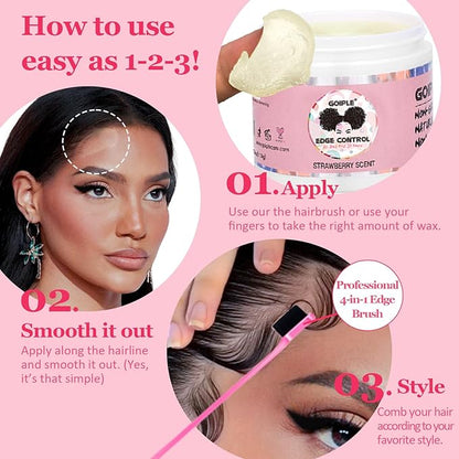Goiple Edge Control Wax for Women Strong Hold Non-greasy Edge Smoother Strawberry Scent Edge Control Wax + Edge Scarf + Hair Bonnet, Pink