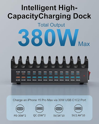380W Charging Station for Multiple Devices - 24 Ports USB Fast Charging Station with 30W Power Delivery, Multi Charger Dock for Phone Tablet, Home, Office, School
