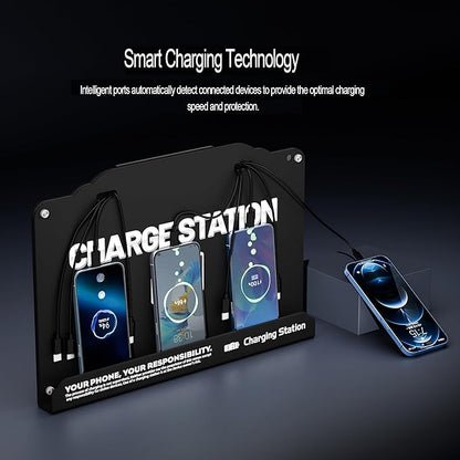 Wall Mounted 8 Port Charging Station with Fast Charigng Cables – Multi Device Charging Dock for Office, Hotel & Public Spaces | Compatible with iPhone ipad Smartphone Tablets Android Port (Black)