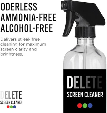 Delete Screen Cleaner 16oz Spray Bottle | Premium Streak-Free, Alcohol & Ammonia-Free Solution for All Devices | Gentle, Odorless & Easy to Use | Improves Visibility & Longevity of Screens