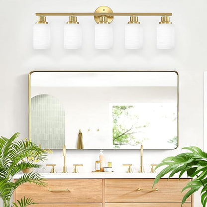 Guliaofo 5-Light Vanity Lights, Brushed Gold Bathroom Light Fixture with Striped Textured Milky White Glass Shade, E26 Modern Vanity Lighting Fixture for Bathroom Wall Sconce Light Over Mirror