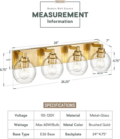 METWET Bathroom Light Fixtures, 4 Light Brushed Gold Vanity Light, 26 Inch Modern Wall Sconces with Globe Clear Glass Shade, Vanity Lighting Fixtures Over Mirror, VL195-BG-CL-4