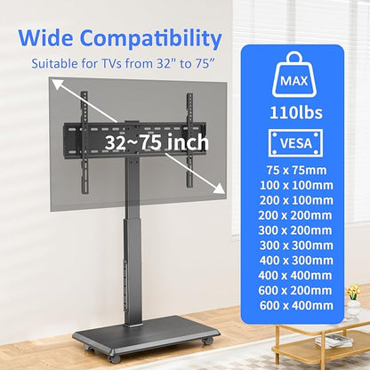 Afaloona Rolling TV Stand with Power Outlet, Mobile TV Stand for 32-75 Inch TVs up to 110 lbs, 30° Swivel TV Floor Stand, 18 Adjustable Heights, TV Cart on Wheels for Bedroom, Office, Outdoor, Black