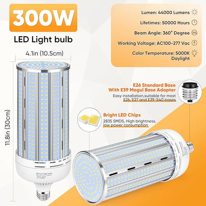 XYCN 2 Pack 300W Corn LED Light Bulb Fanless,5000K Daylight(3000 Watt Equivalent) E26/E39 Large Mogul Base LED Cob Lamp 44,000LM for Outdoor Indoor Garage Warehouse Factory Workshop Street Backyard