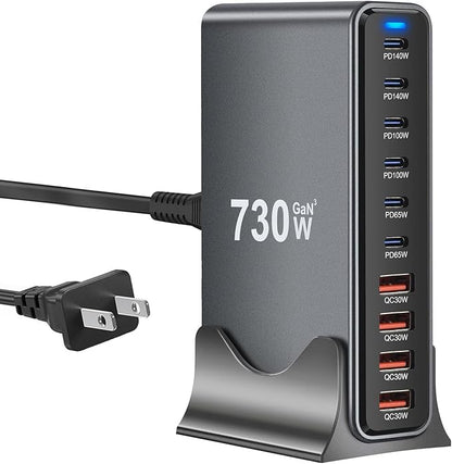 730W USB C Charger Block, 10 Port Fast USB Charging Station for Multi Devices, GaN Ⅲ Charging Block Double 140W/100W/65W PD PPS Port Laptop Charger Compatible with MacBook Pro/Air/iPhone 16/15/Samsung