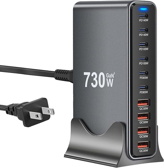 730W USB C Charger Block, 10 Port Fast USB Charging Station for Multi Devices, GaN Ⅲ Charging Block Double 140W/100W/65W PD PPS Port Laptop Charger Compatible with MacBook Pro/Air/iPhone 16/15/Samsung