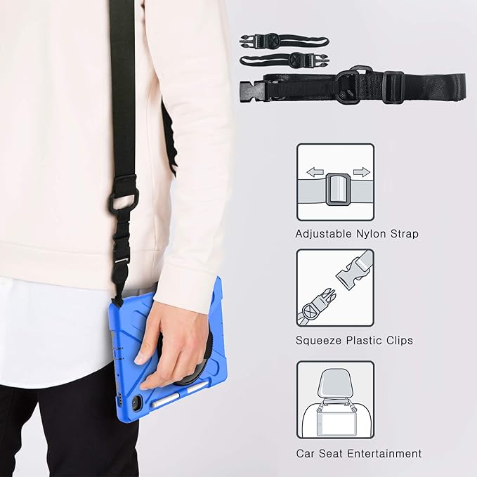 BRAECN for Samsung Galaxy Tab S6 Lite 10.4 Case 2024, Rugged Protective Case with Rotating Kickstand, Carrying Shoulder Strap, Handle Hand Strap, S Pen Holder for Galaxy Tab S6 Lite 10.4”2022-Blue