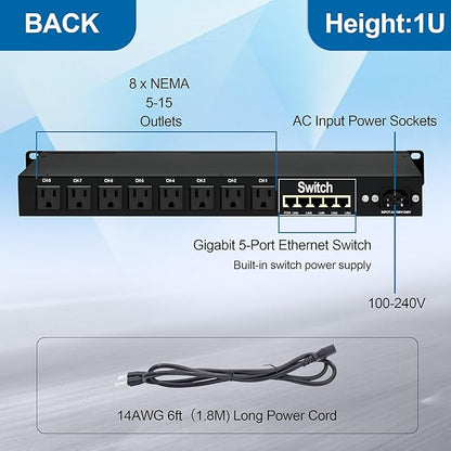 1U PDU Rack Mount Power Surge Protection, 8 NEMA 5-15R Outlets & 5-Port Gigabit Ethernet Switch, 100-250V 15A 3600 Joules, w/10KA SPD Lightning & 6ft Cord, ETL Listed