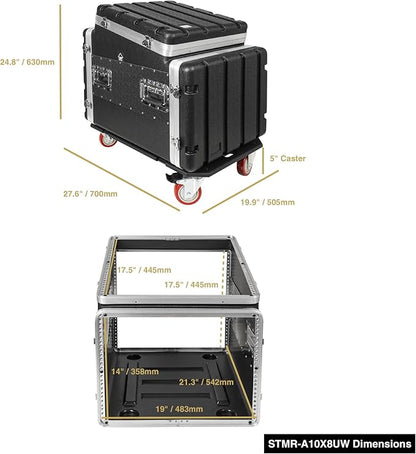 Sound Town Lightweight and Compact 8U ATA ABS Rack Case, with Slant Mixer Top, Casters, 21" Depth, 10U Top and 8U Side Spaces (STMR-A10X8UW)