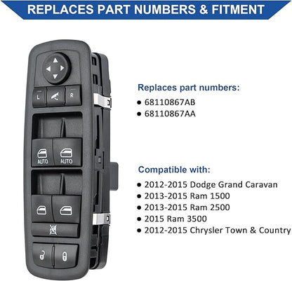 Obaee Driver Side Power Window Switch Compatible with 2012-2015 Dodge Grand Caravan, 2013-2015 Ram 1500 2500, 2015 Ram 3500, 2012-2015 Town & Country, Replaces 68110867AB, 68110867AA, 3+9 Pins
