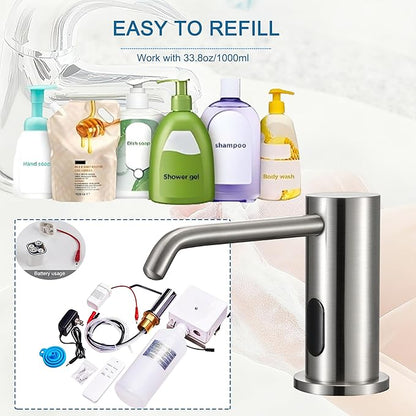 Automatic Soap Dispenser Touchless for Kitchen Bathroom Sink Built in Electric Soap Dispenser Infrared Sensors Liquid Commercial Dispenser with Bottle and Pump 33.81oz/1000ml (Brushed Nickel)
